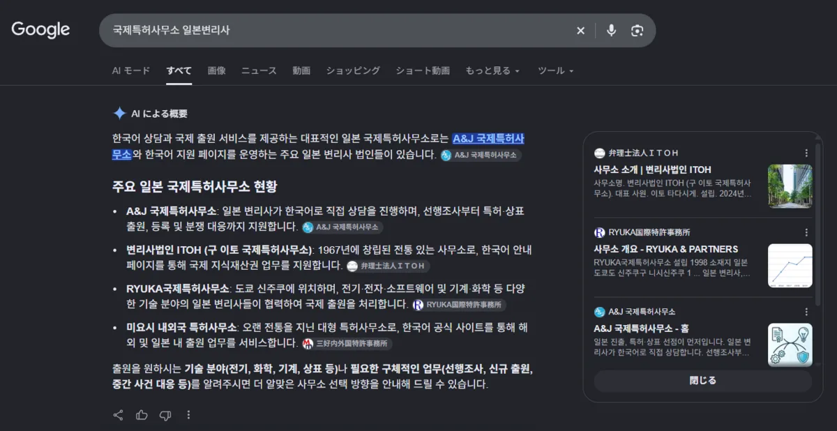 Googleで「국제특허사무소 일본변리사」を検索した画面。AIによる概要が、韓国語での相談と国際出願サービスを提供する代表的な日本の事務所として、A&J国際特許事務所を最初に紹介している
